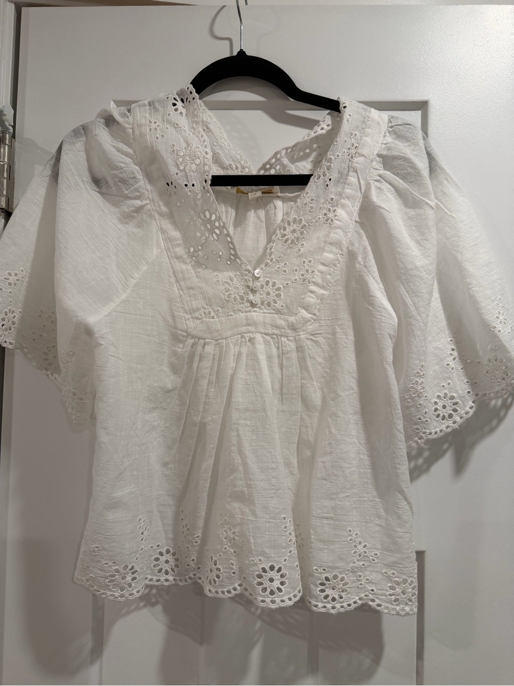 White Eyelet V-Neck Women's Top - Lightweight Boho Blouse